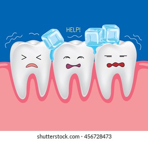 Sensitive teeth. Tooth is so sensitive to coldness, illustration isolated on blue background.