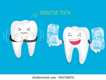 Sensitive teeth. Tooth is so sensitive to coldness, illustration isolated on blue background.