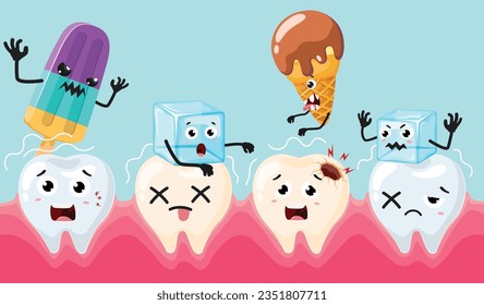 Sensitive tooth cartoon with ice and ice cream, isolated on white background