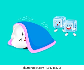 Sensitive tooth. Cute cartoon tooth character with blanket and ice.  Dental care concept.  Illustration on blue background. 