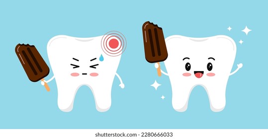 Diente sensible y diente sano antes de después del conjunto de iconos de tratamiento. Dientes con dolor e incomodidad fría. Dibujo plano triste y feliz ilustración vectorial de carácter. Imagen de atención de salud dental.