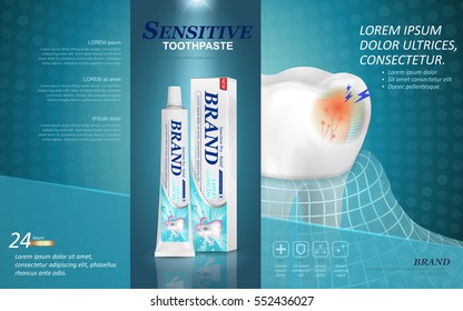 Anúncios de pasta de dentes sensíveis, pasta de dentes de longa duração para tratamento odontológico com visão de seção dentária e pacote de produto isolado em fundo pontilhado azul em ilustração 3D