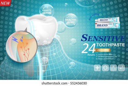 Anúncios de pasta de dentes sensíveis, creme dental de longa duração para tratamento odontológico com visão da seção dentária e bolhas isoladas no fundo pontilhado azul em ilustração 3D