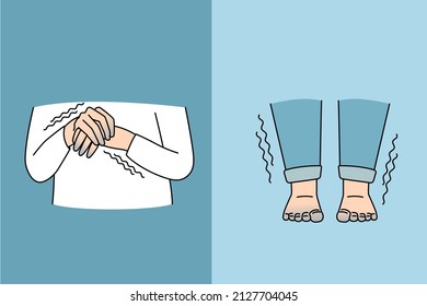 Sensitivity To Cold And Shaking Concept. Human Hands Fingers And Legs Feet Shaking From Cold And Having Blue Color Sensitive To Weather Vector Illustration 