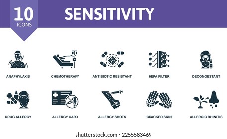 Sensitivity icon set. Monochrome simple Sensitivity icon collection. Anaphylaxis, Chemotherapy, Antibiotic Resistant, Hepa Filter, Decongestant, Drug Allergy, Allergy Card, Allergy Shots, Cracked Skin