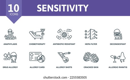 Juego de iconos de sensibilidad. Colección de iconos de sensibilidad simple monocroma. Anafilaxia, Quimioterapia, Resistente a los antibióticos, Filtro de Hepa, Decongestante, Alergia a los medicamentos, Tarjeta alérgica, Disparos alérgicos, Piel rota