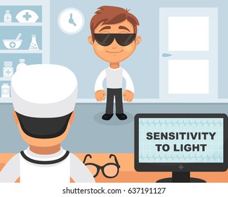 Sensitivity to light medical concept. Vector illustration. Doctor and patient are talking in the hospital. Isolated on white background.