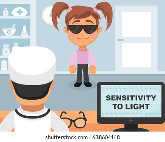 Sensitivity to light medical concept. Vector illustration. Doctor and patient are talking in the hospital. Isolated on white background.