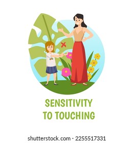 Sensitivity to touching autism signs infographic. Autistic child with mental disorder refusing contact with parent, flat vector illustration isolated on white background.