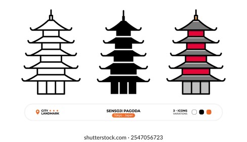 Sensoji Pagoda Line Icon.Tokyo_Japan, Silhueta, Símbolo De Cor, Traço Editável.
