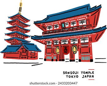 Sensoji temple Asakusa Tokyo Japan Landmark Hand drawn sketch colour Illustration