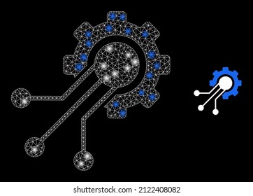 Sensor cog icon and constellation net mesh sensor cog model with sparkle spots. Illuminated model is generated using sensor cog vector icon and triangulated mesh. Illuminated frame sensor cog,