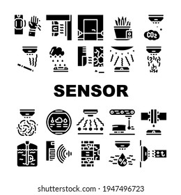 Sensor Electronic Tool Collection Icons Set Vector. Motion And Vibration, Beam And Humidity, Plant Watering And Dimension Gauge, Fire And Smoke Sensor Glyph Pictograms Black Illustrations