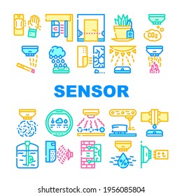 Vector de conjunto de iconos de colección de herramientas electrónicas de sensores. Movimiento Y Vibración, Vigas Y Humedad, Gálibo De Aguas De Plantas Y Dimensiones, Pictogramas Lineales Del Sensor De Fuego Y Humo. Ilustraciones de contorno