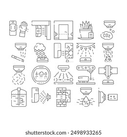 Sensor Electronic Tool Collection Icons Set Vector. Motion And Vibration, Beam And Humidity, Plant Watering And Dimension Gauge, Fire And Smoke Sensor Black Contour Illustrations