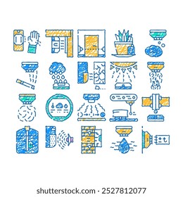 sensor ferramenta eletrônica doodle ícones definir vetor. esboço linha arte movimento e vibração, feixe e umidade, rega planta e calibre de dimensão, fogo e fumo sensor de cores ilustrações