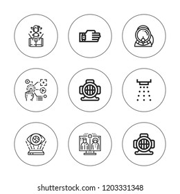 Sensor icon set. collection of 9 outline sensor icons with aqualung, finger control, hologram, sensor, smoke detector icons. editable icons.