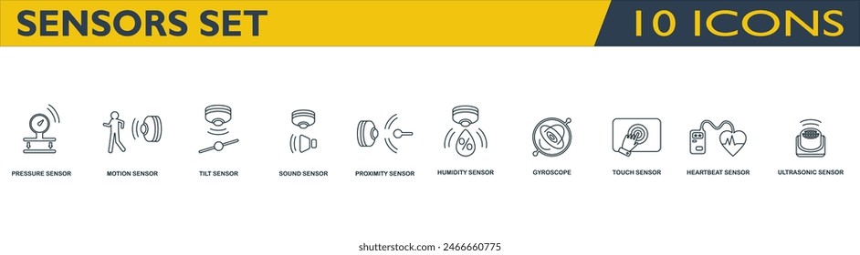Sensor Icon Set. Collection Of Simple Elements Such As The Water Quality Sensor, Water , Humidity , Gyroscope, Heartbeat , Pressure , Tilt 