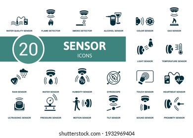 Sensor Icon Set. Contains Editable Icons Sensor Theme Such As Flame Detector, Alcohol Sensor, Gas Sensor And More.