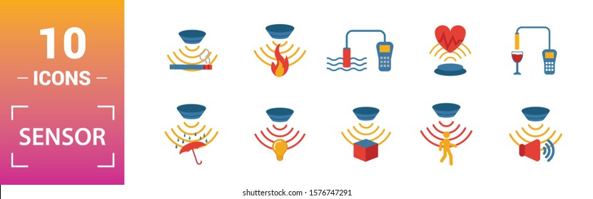 Sensor icon set. Include creative elements water quality sensor, smoke detector, gas, rain sensor, humidity sensor icons. Can be used for report, presentation, diagram, web design.