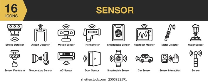 Sensor icon set. Includes ac sensor, airport detector, metal detector, smoke detector, door sensor, and More. Outline icons vector collection