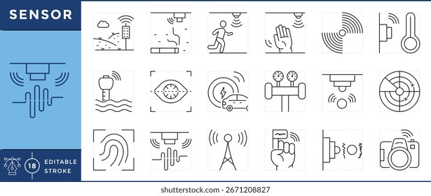 Sensor icons set. Motion, temperature, pressure, proximity, light, smoke, and many more. Vector editable stroke.