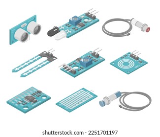 Arduino-Sensor-Modul   Gyroskop berührend Boden Ultraschall Mikrocontroller Schnittstelle plc Industriekomponente isometrisch einzelne Vektorgrafik Cartoon