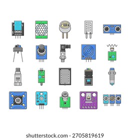 Iconos infrarrojos del módulo del sensor IoT Fijar el Vector. Ilustraciones ultrasónicas, de la temperatura, de la humedad, de la presión, de la proximidad, de la luz, del módulo del sensor de humo del gas IoT de la línea infrarroja del color