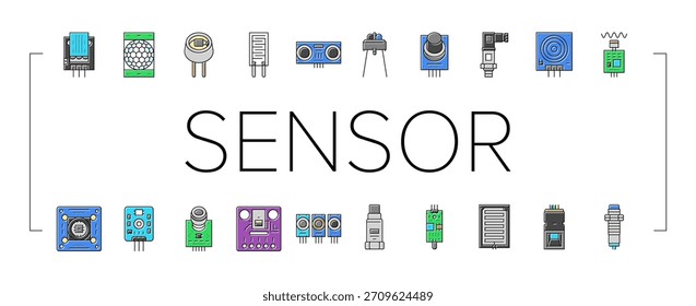 Iconos infrarrojos del módulo del sensor IoT Fijar el Vector. Ilustraciones ultrasónicas, de la temperatura, de la humedad, de la presión, de la proximidad, de la luz, del módulo del sensor de humo del gas IoT de la línea infrarroja del color