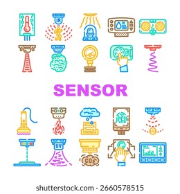 módulo de sensor iot ícones sem fio set vetor. infravermelho, ultrassônico, temperatura, umidade, pressão, acelerômetro, giroscópio módulo de sensor iot sem fio linha de cor ilustrações
