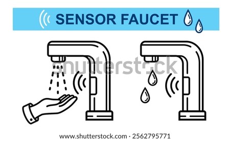 Sensor touchless faucet for washing hand, automatic smart contactless water tap flow on sink in toilet restroom line icon. Palm skin care hygiene cleaning. Bathroom plumbing with motion gesture vector