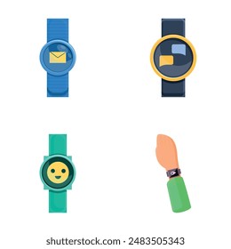 Iconos de sensor de reloj conjunto de Vector de dibujos animados. Reloj inteligente con pantalla digital. gadget Electrónica
