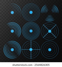 Sensor Wave Effect: Glowing Blue Radar and Sonar Signal for Wireless Technology on Transparent Background. Wi-Fi Signal Light Effect: Neon Blue Rings for Wireless Internet Connection. Vector.