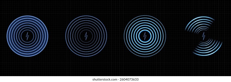 Sensor Wave Effect: Glowing Blue Radar and Sonar Signal for Wireless Technology on Transparent Background. Wi-Fi Signal Light Effect: Neon Blue Rings for Wireless Internet Connection. Vector.