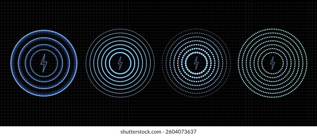 Sensor Wave Effect: Glowing Blue Radar and Sonar Signal for Wireless Technology on Transparent Background. Wi-Fi Signal Light Effect: Neon Blue Rings for Wireless Internet Connection. Vector.