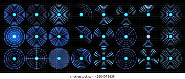 Sensor Wave Effect: Glowing Blue Radar and Sonar Signal for Wireless Technology on Transparent Background. Wi-Fi Signal Light Effect: Neon Blue Rings for Wireless Internet Connection. Vector.