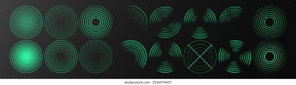 Sensor Wave Effect: Glowing Green Radar and Sonar Signal for Wireless Technology on Transparent Background