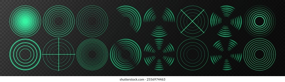Sensor Wave Effect: Glowing Green Radar and Sonar Signal for Wireless Technology on Transparent Background