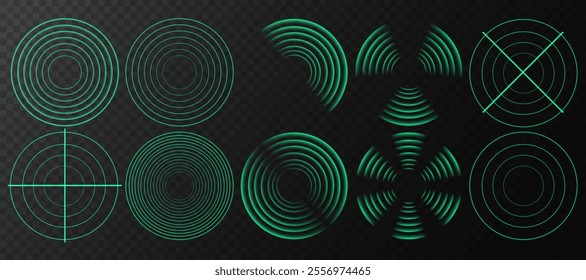 Sensor Wave Effect: Glowing Green Radar and Sonar Signal for Wireless Technology on Transparent Background