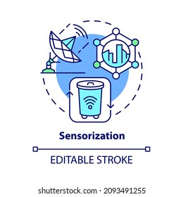 Icono de concepto de Sensorización. Programa de digitalización de ciudades modernas. Ilustración de líneas delgadas de la idea abstracta de la tecnología de confort ciudadano. Dibujo de color de contorno aislado del vector. Trazo editable