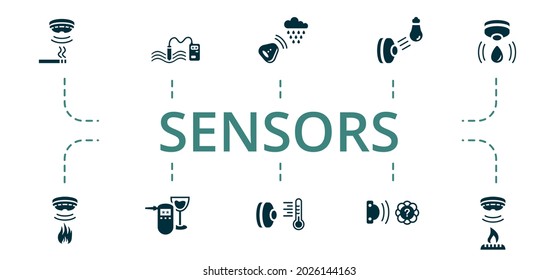 Sensors icon set. Contains editable icons theme such as alcohol sensor, gas sensor, temperature sensor and more.