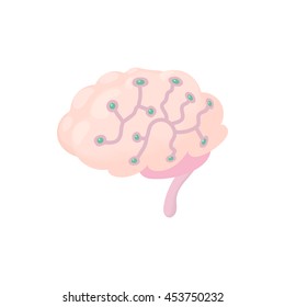 Sensors on human brain icon in cartoon style isolated on white background. Research symbol