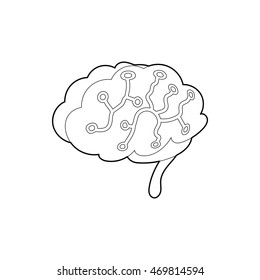 Sensors on human brain icon in outline style isolated on white background. Research symbol