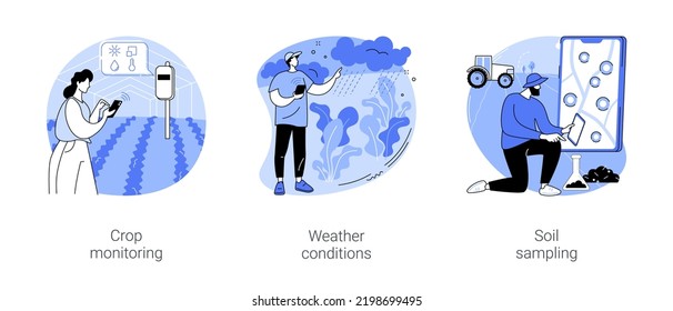 Sensors use in agriculture isolated cartoon vector illustrations set. Crop monitoring, weather conditions control, soil sampling, sensor of humidity and temperature, smart farming vector cartoon.