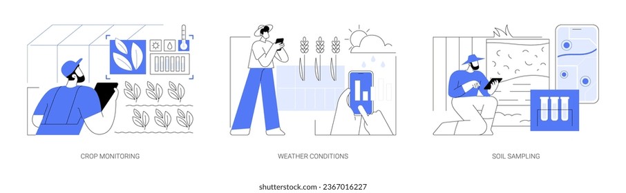 Sensors use in agriculture isolated cartoon vector illustrations set. Crop monitoring, weather conditions control, soil sampling, sensor of humidity and temperature, smart farming vector cartoon.