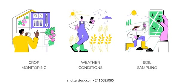 Sensors use in agriculture isolated cartoon vector illustrations set. Crop monitoring, weather conditions control, soil sampling, sensor of humidity and temperature, smart farming vector cartoon.