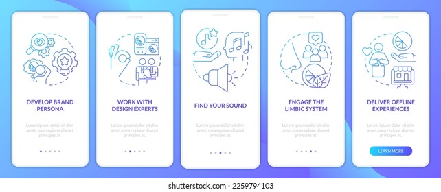 Sensory advertising strategies blue gradient onboarding mobile app screen. Walkthrough 5 steps graphic instructions with linear concepts. UI, UX, GUI template. Myriad Pro-Bold, Regular fonts used