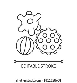 Sensory balls pixel perfect linear icon. Tactile and spiky balls. Fine and gross motor skills. Thin line customizable illustration. Contour symbol. Vector isolated outline drawing. Editable stroke