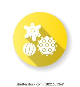 Sensory balls yellow flat design long shadow glyph icon. Tactile and spiky balls. Early childhood. Toys for infants development. Fine and gross motor skills. Silhouette RGB color illustration