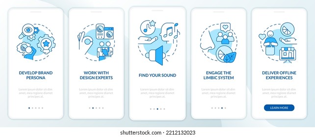 Sensory branding strategies blue onboarding mobile app screen. Walkthrough 5 steps editable graphic instructions with linear concepts. UI, UX, GUI template. Myriad Pro-Bold, Regular fonts used